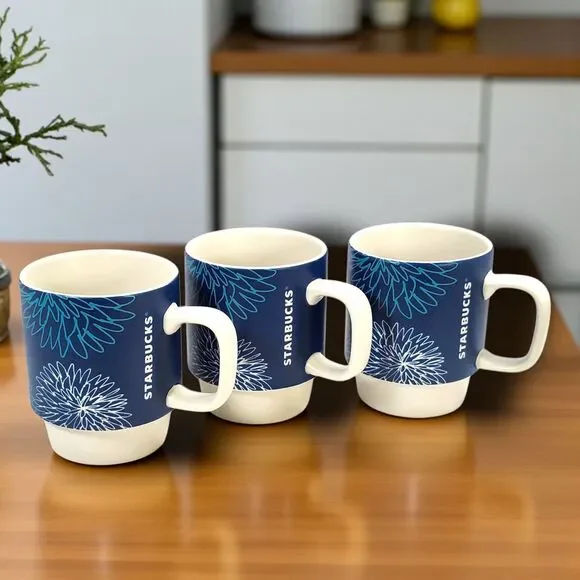 Starbucks 2016 Blue Chrysanthemum Stackable Mugs Set of 3  12 oz Flowers